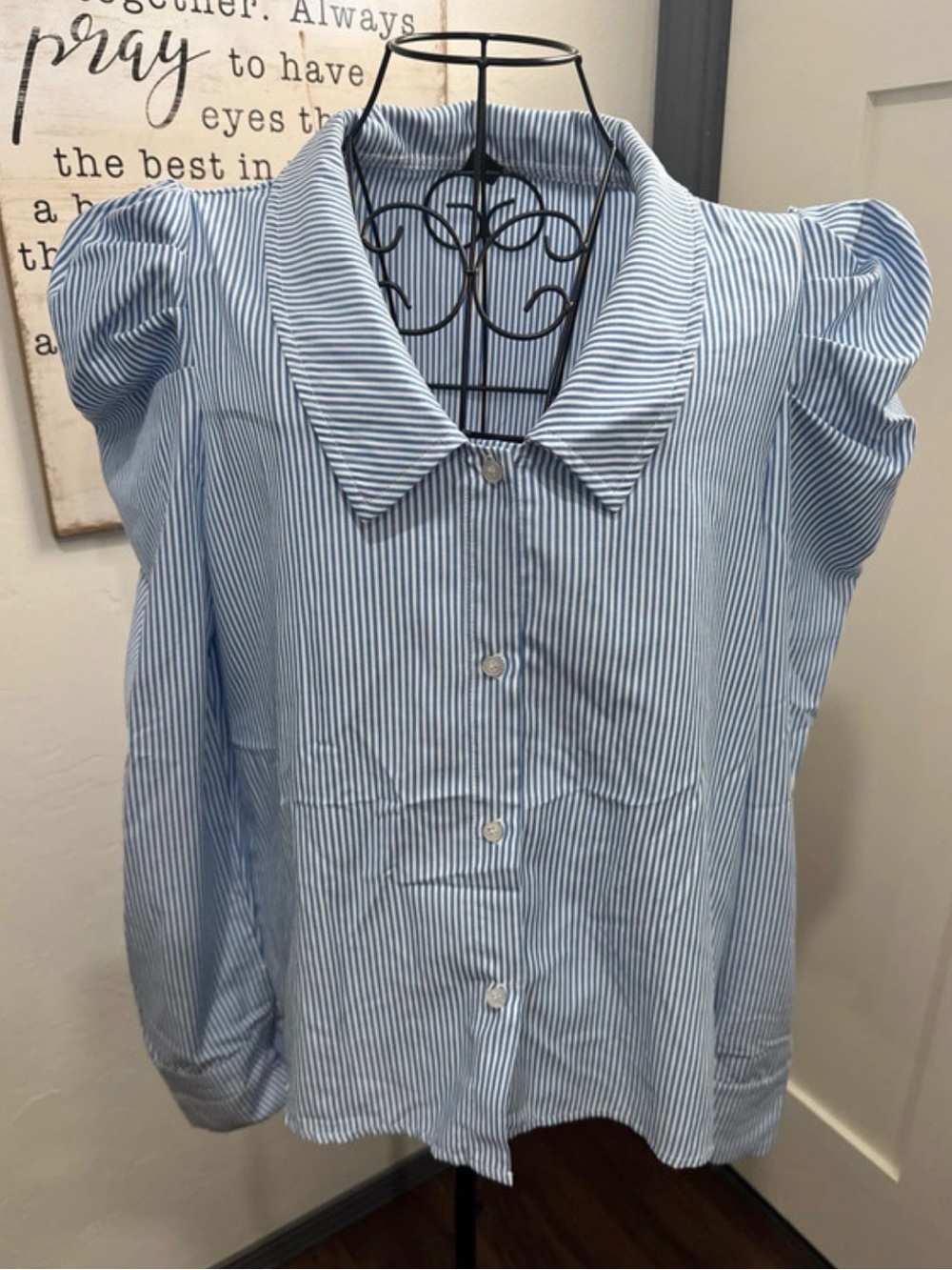 Blue & White Striped Puff-Sleeve Button-Up Top
